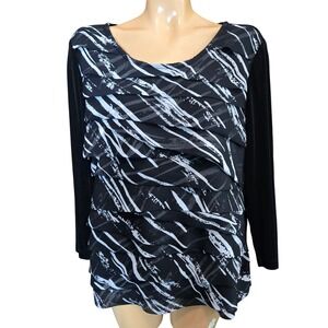 Chicos Travelers Black White Abstract Print Tiered Ruffle Long Sleeve Top Size 3
